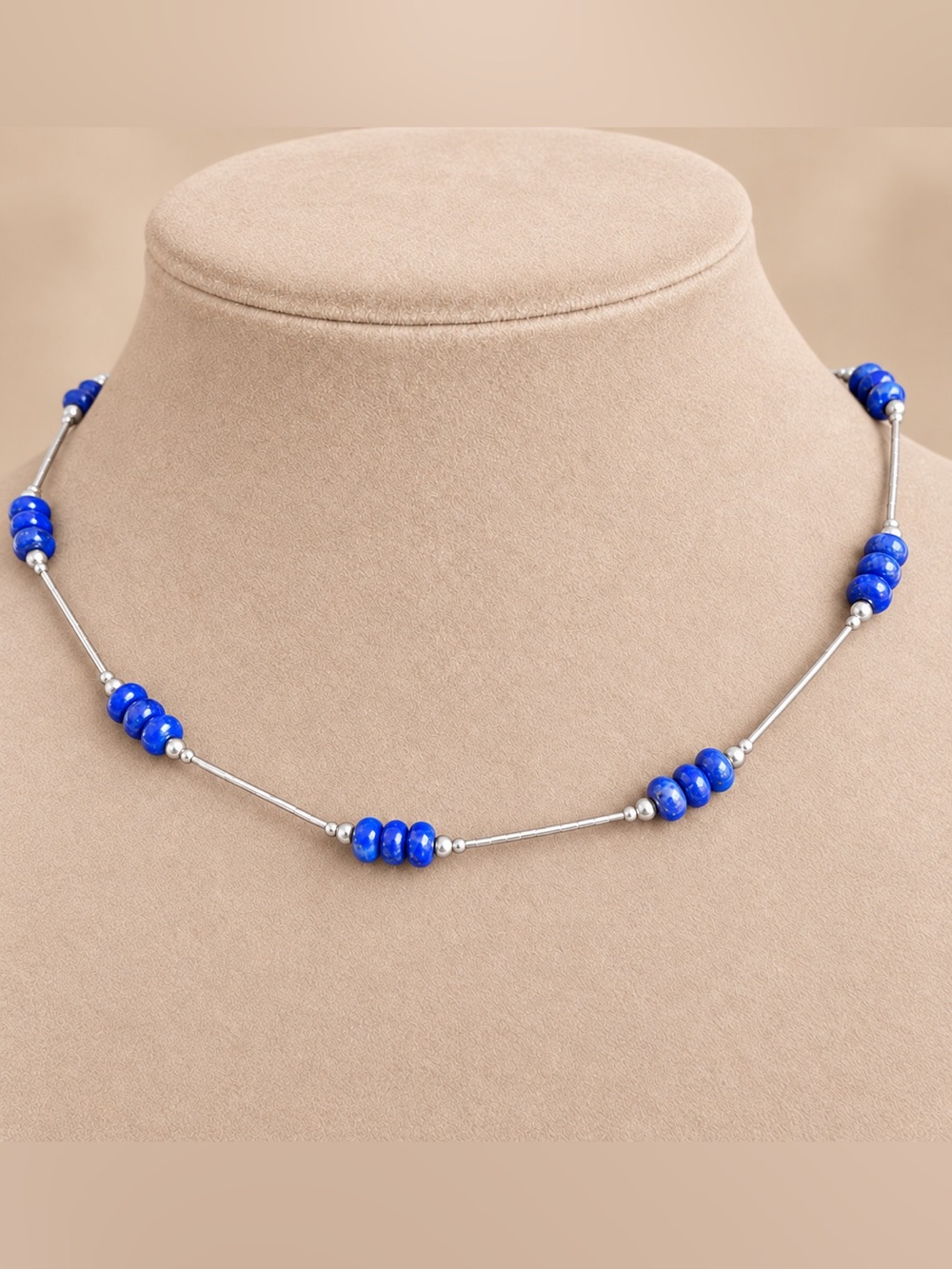 Artisan Liquid Silver Triple Lapis Beaded Station Necklace NWT 17" #717
